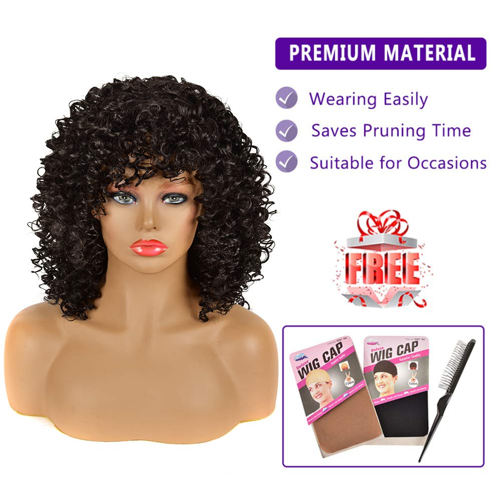 Curly Wigs for Black Women - Afro Curly Wig with Bangs Natural Black Hair Synthetic Heat Resistant Full Wigs with 1 Wig Comb and 4pcs Wig Caps