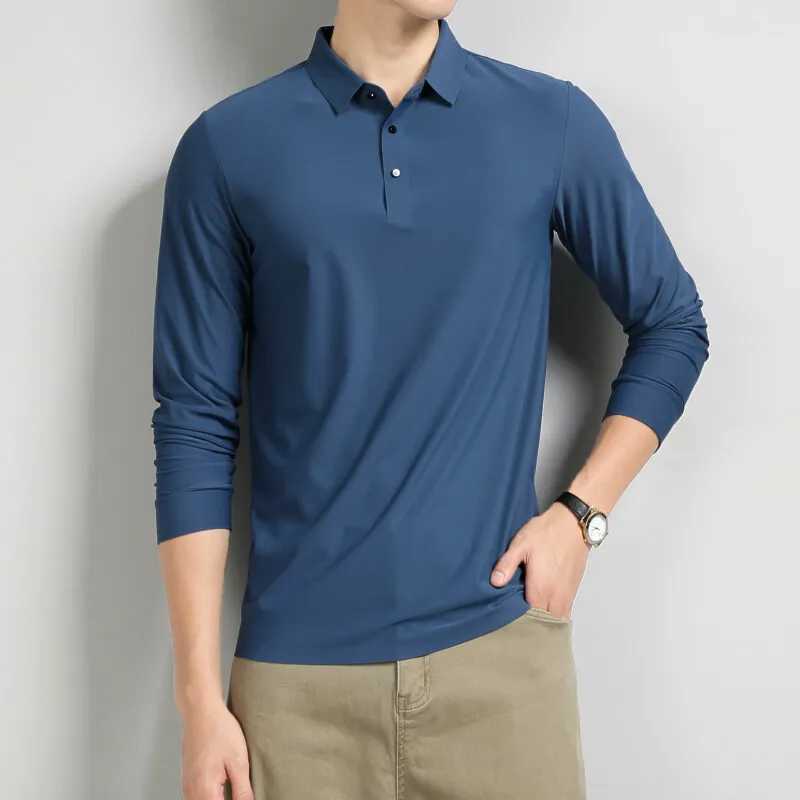 Smart Casual Autumn Winter New Men Collar Ice Silk Solid Button Simplicity Casual Elastic Long Sleeve Pulleys Polo Top W250414