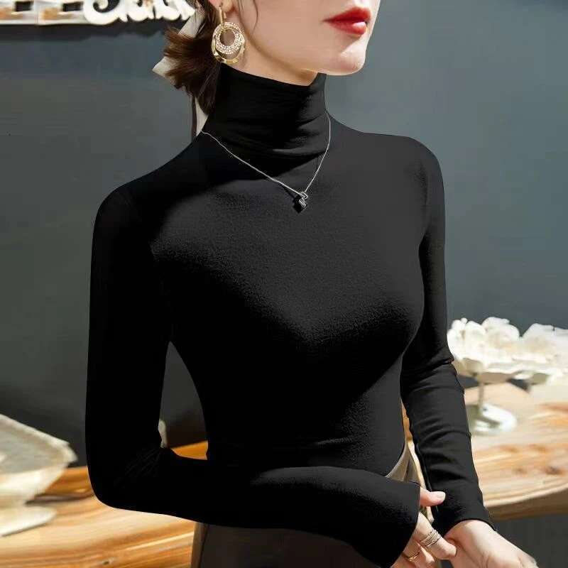 2025 Fashion Autumn Winter Female Turtleneck Fleece Stretch Shirt Women Long Sleeve T-shirt Warm Basic Pullover Bottoming Tops