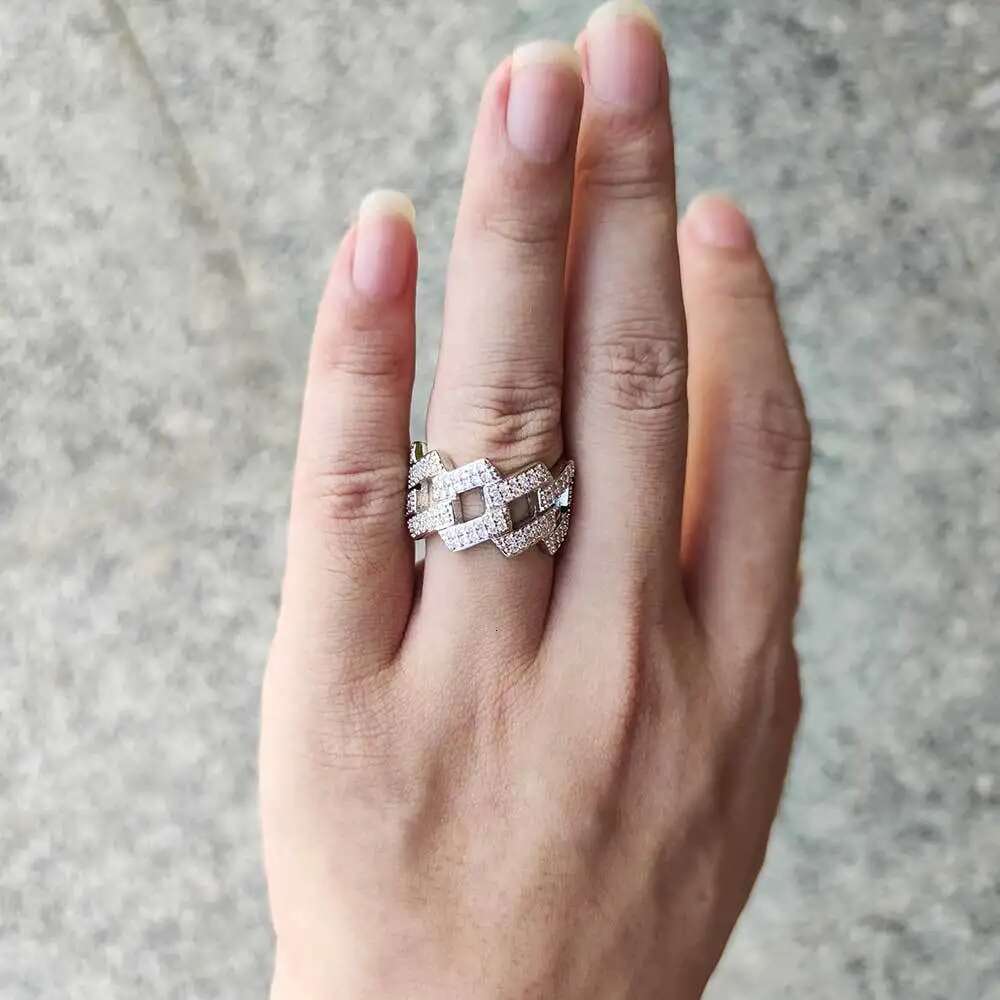 Hip Hop Fashion Iced Out For Men Brass Setting Cubic Zircon 14MM Cuban Ring Luxury Rhombus Jewelry