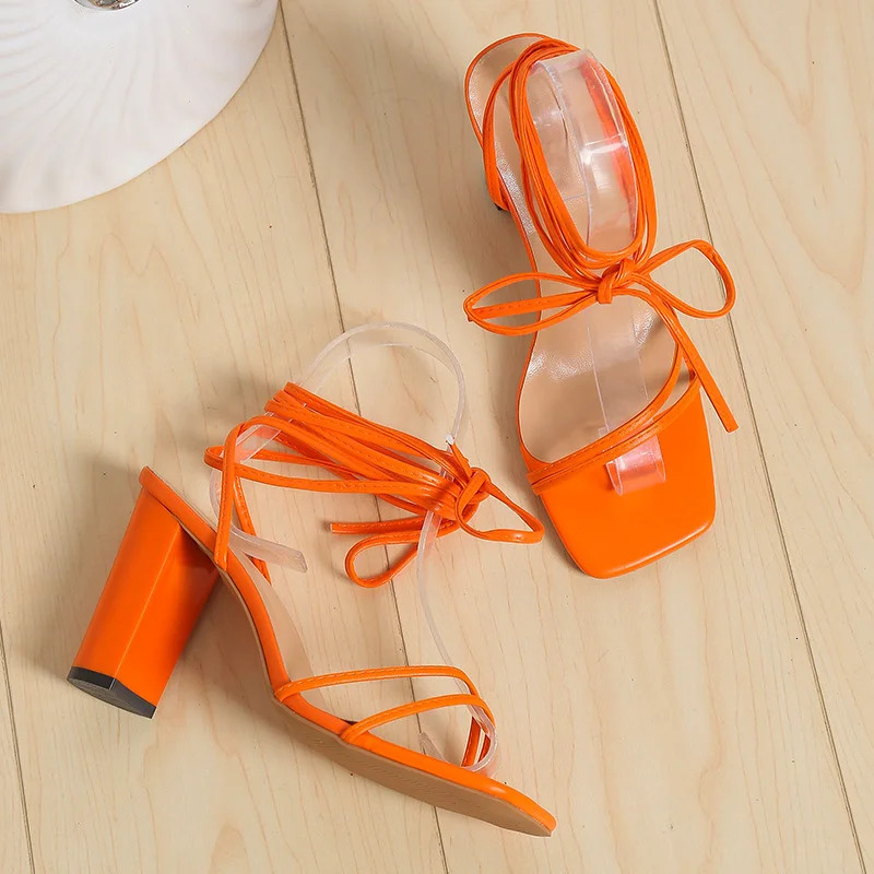 Large size summer high-heeled sandals with open heel and cross lace womens beach sandals fashionable square womens shoes 250411