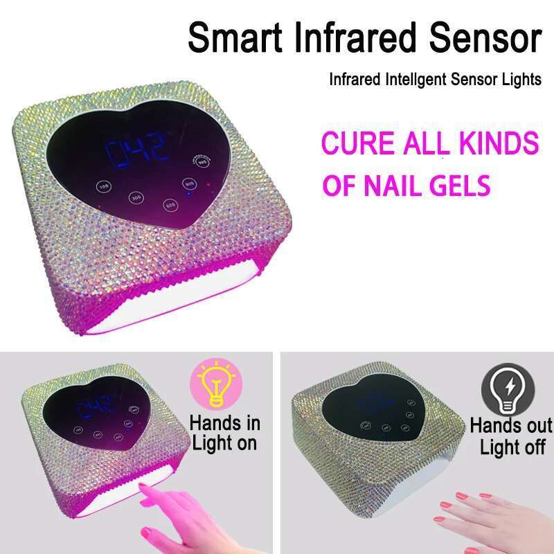 Cute Heart Design Manicure Pedicure Hine LCD Touch Screen Cordless Power Storage Cure UV LED Nail Lamp With Rhies