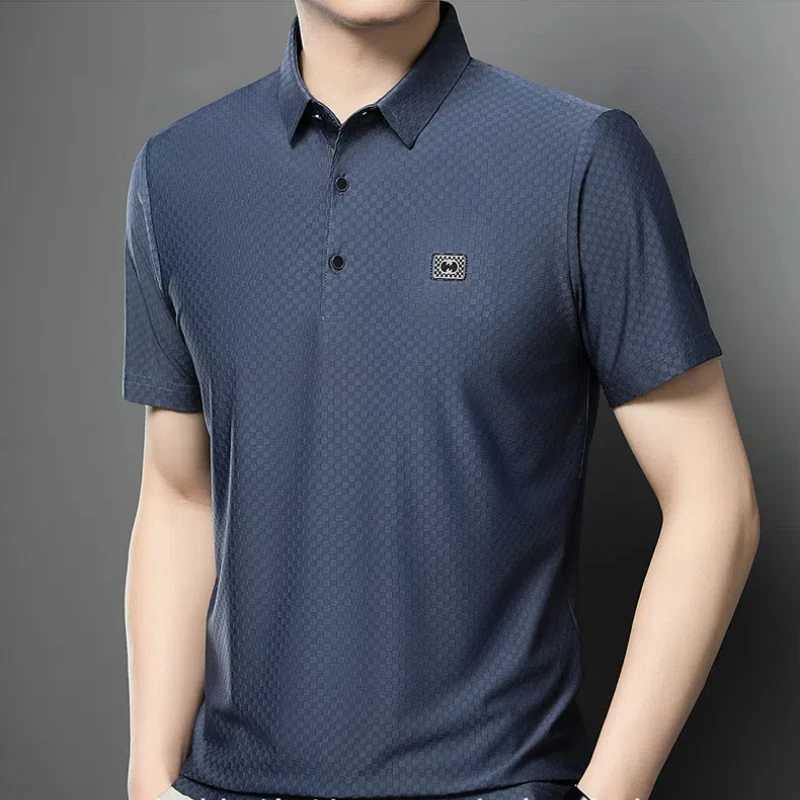 Smart Casual Summer New Mens Turn down Collar Button Plaid Ice Silk Simplicity Loose Short Sleeve Polo Shirt Top W250414