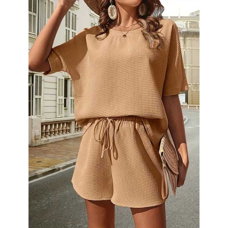 Solid color casual loose womens shorts set 2024 Ele summer womens two-piece set full set Fe setXJ250414