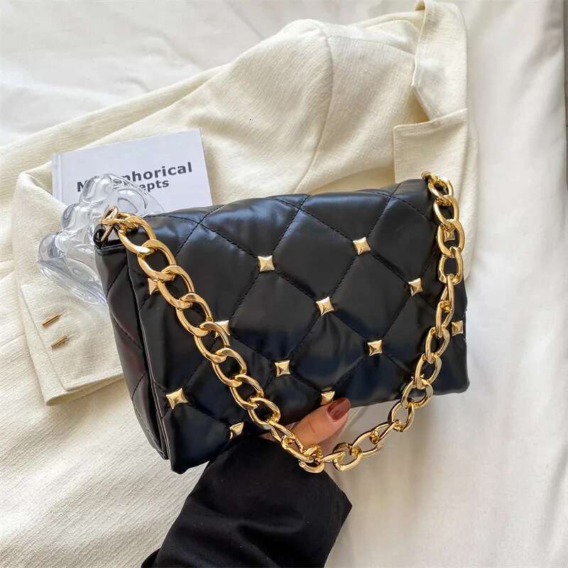 Trendy Chain Shoulder Fashion Plaid Pu Leather Underarm Bags For Women Rivet Flap Lady Handbags Designer Women's Bag