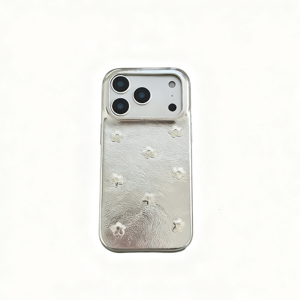 Leather Silver Flower Phone Case Compatible with iPhone 17/16 Pro Max Cartoon Bear Chain Case iPhone 15/14