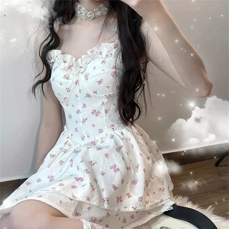 2024 Summer Lace Sweet Dress Retro Sleeveless Elegant Cute Mini Printed French Temperature Fashion Belt 250414