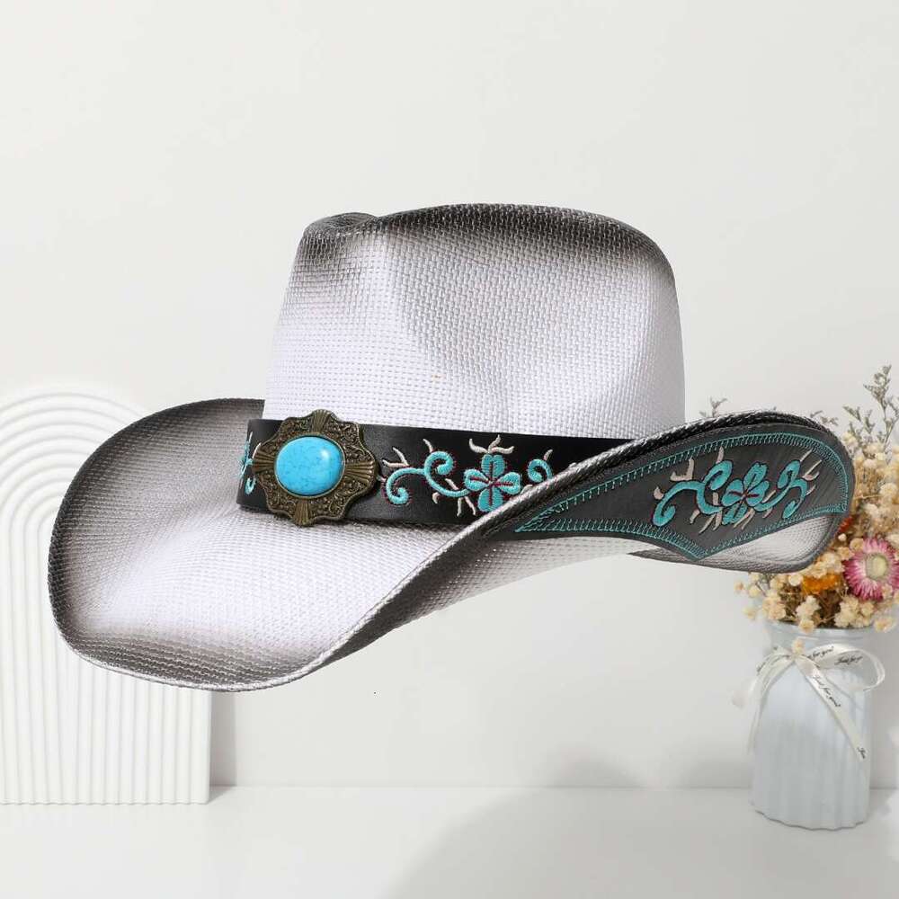Cowboy Belt Accessories, High-End Embroidery, Large Eave Jazz Western Straw Hat, Woven, Unisex
