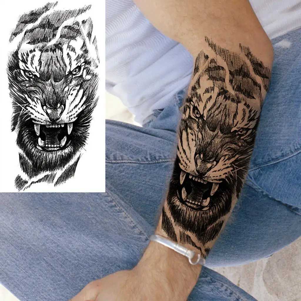 Black Tiger Forearm Temporary Tattoo Suitable for Men Women Pirate Ship Skull Flower Fake Lion Waterproof Half Sleeve TattooXJ25414