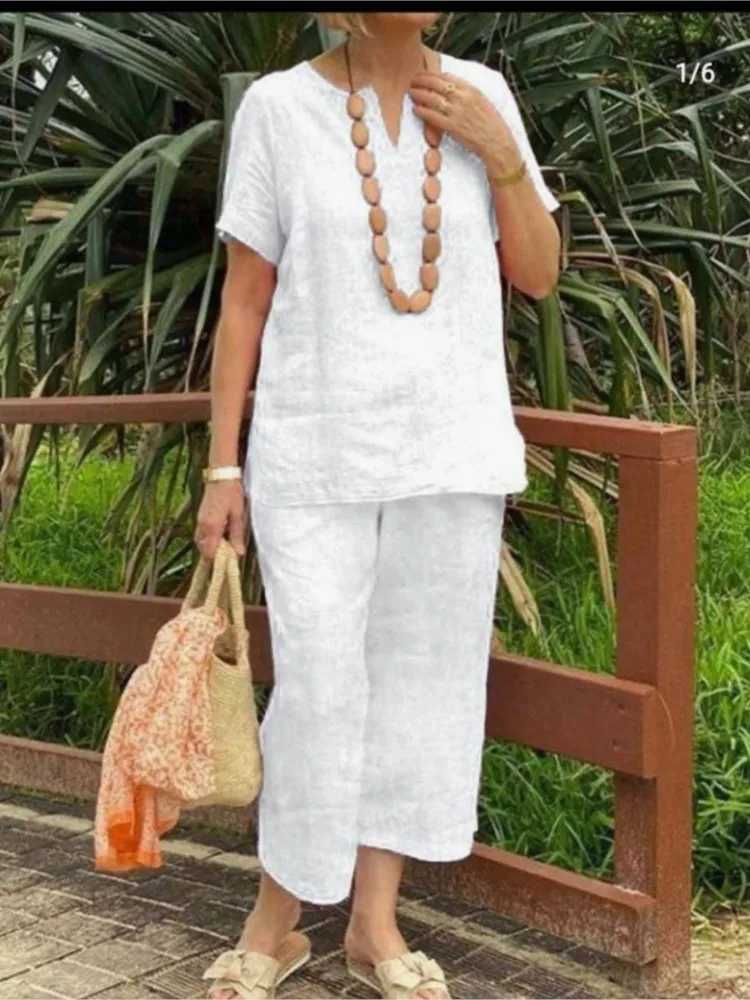 Womens pure cotton linen summer 2PCS/set set 2024 casual loose V-neck shorts Sve wide leg pants solid color fashionable womens setXJ250414