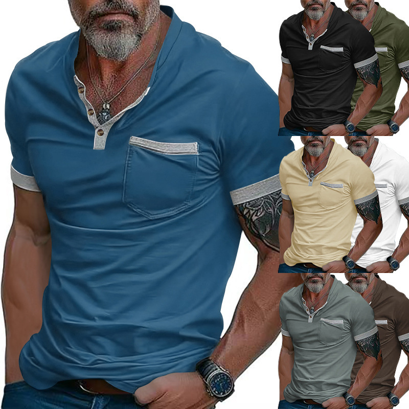 Polo shirt summer top 2025 solid color stand up collar pocket men's T-shirt