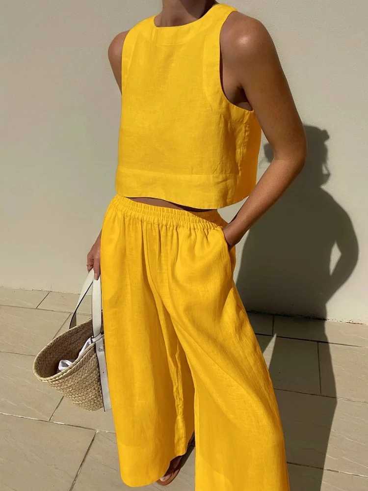 2024 Summer Fashion New Womens Cotton and Hemp Rope Set Round Neck Strapless Shirt Tie Wide Leg Sports Pants Two Piece SetXJ250414