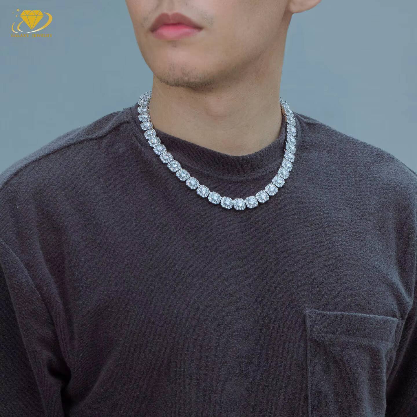 Hot Sale Clustered Tennis Chains 10mm Iced Out Vvs Diamond 925 Sterling Silver Moissanite Stones Tennis Link Bracelet Necklace