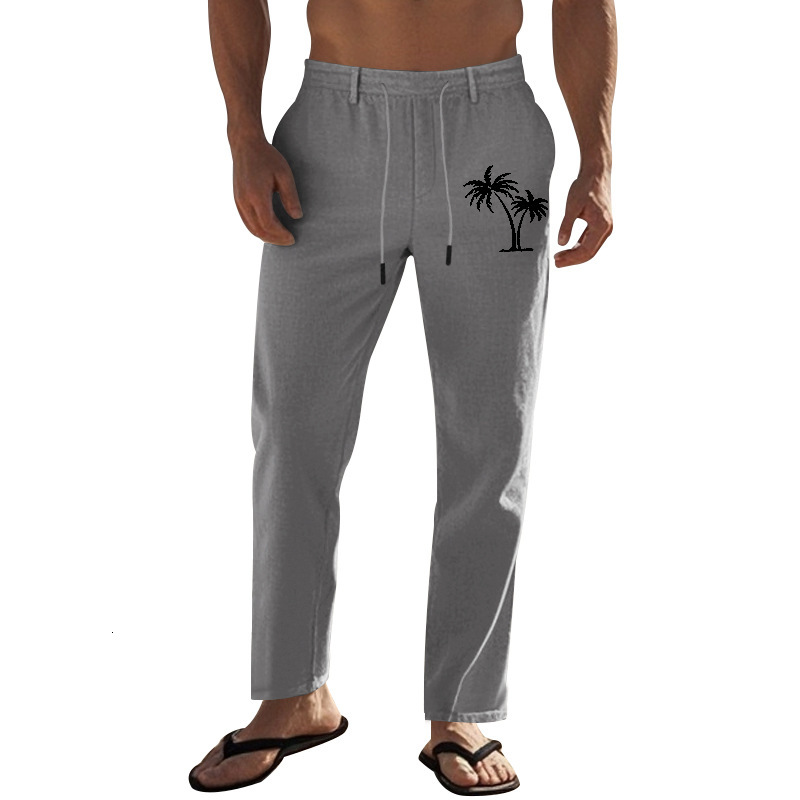 American men's coconut tree print breathable linen loose casual sports pants for men