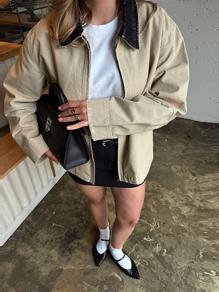 Fashion patch work collar jacket womens casual long sleeved zipper loose womens jacket spring womens clothing 250414