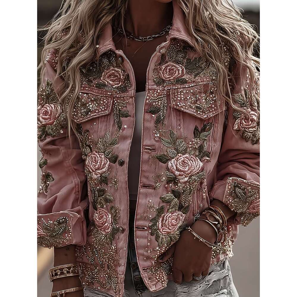Women's Elegant Retro Floral Print Imitation Denim Jacket - Structured Lapel Collar Single-Breasted Long Sleeve Coat With Button Closure, Pink & 