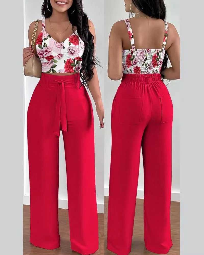 2-piece womens 2025 sexy V-neck shoulder strap shirt ultra-thin crop top and lace wide leg pants set Ele Office womens setXJ250414