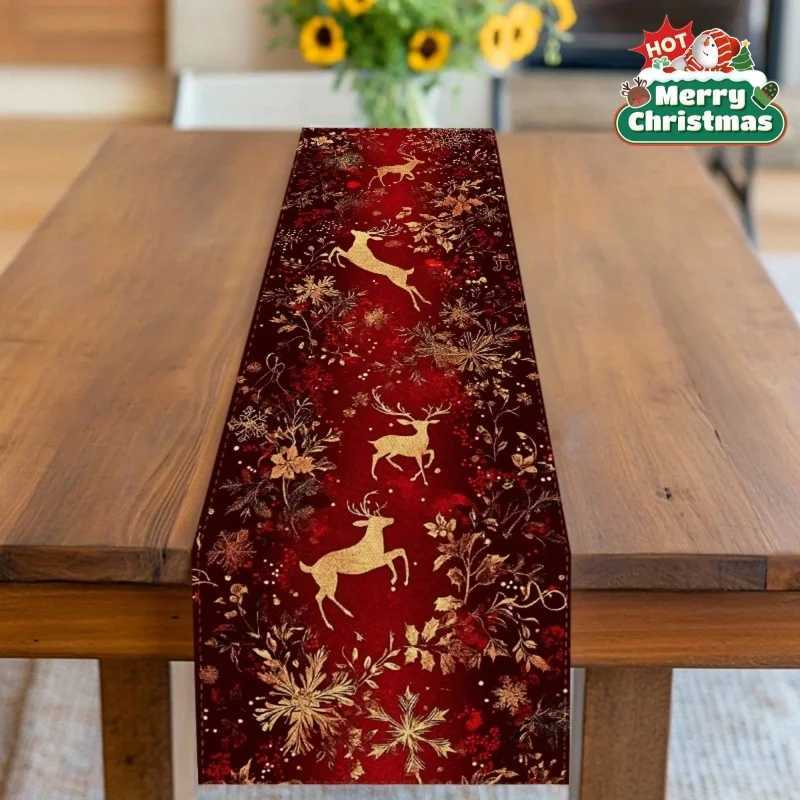 Christmas 1pc Tabel Runner Elegant Burgundy Golden Xmas Table Runner Red Winter Holiday Decor Kitchen Dining Table Decoration Home Party Y251113
