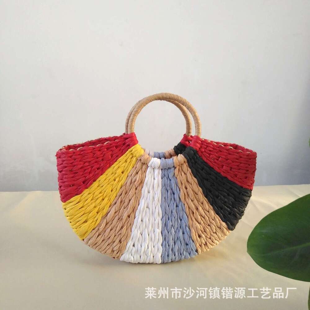 Handmade Beach Bag 2025 New Korean Handmade Straw For Vacation Beach Weaving Women's Bag, Casual Handheld 7-Color Coarse Rope Woven Bag Kq2