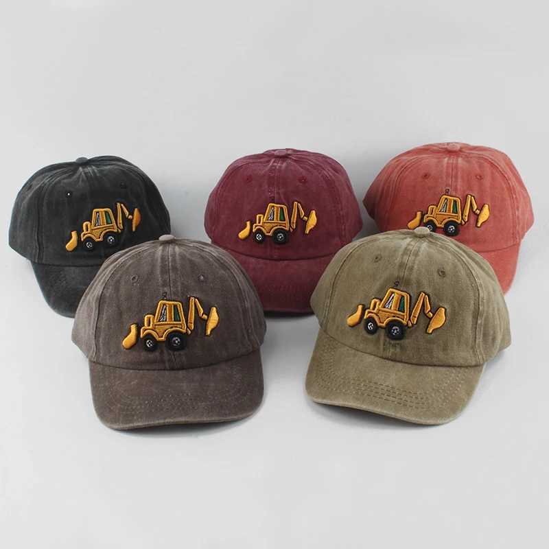 Newly washed cotton baby baseball cap cartoon excavator embroidered childrens hat outdoor boys and girls summer snapshot hat W250414