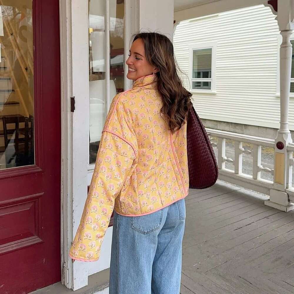 Designer Clothes Suninheart Print V Neck Cotton Jacket Fashion Long Sleeved Quilted Coats Single Breasted Loose Coat Autumn New Outerwear