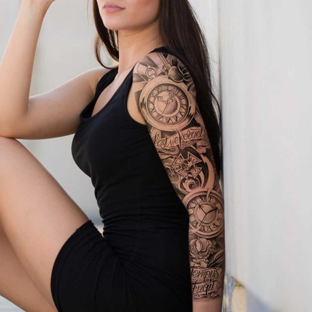 Watch Rose Full Sleeve Waterproof Temporary Tattoo Stickers Gothic Tiger Butterfly Car Fake Tattoo Body Art MenXJ25414