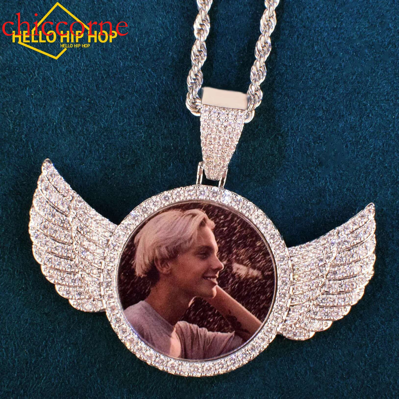 Hip-Hop Custom Angel Wing Photo Pendant: Personalized Memory Circle Picture Chain dh910320090