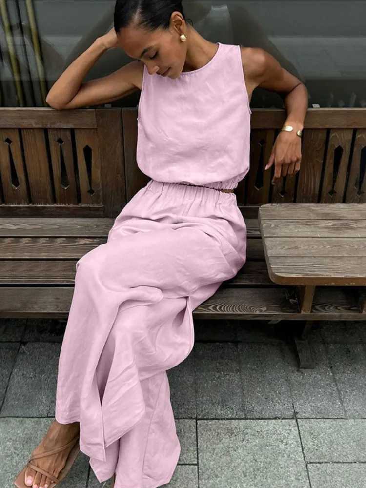 Fashion Trend Solid Color Pants Set Womens Sleeveless Cut Top Wide Leg Trouser Two Piece Set Fe Street Clothing SummerXJ250414