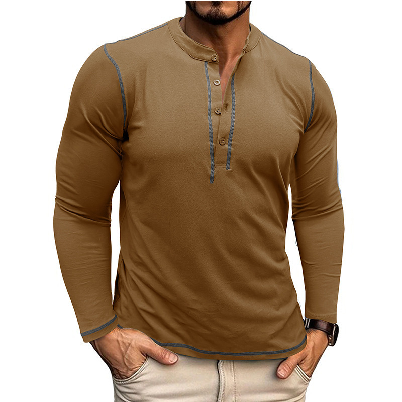 Autumn and winter mens long sleeved Henry shirt mens color blocked round neck T-shirt top