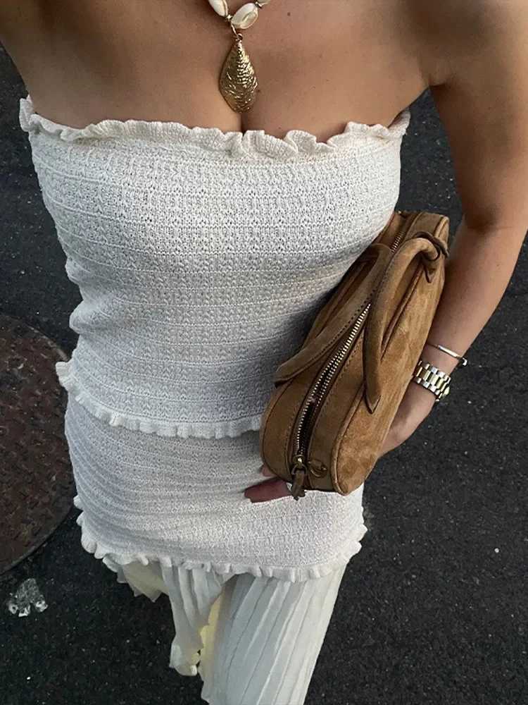 Knitted strapless patch workwear womens set strapless slim fit vest pleated robe set 2025 new vacation street setXJ250414