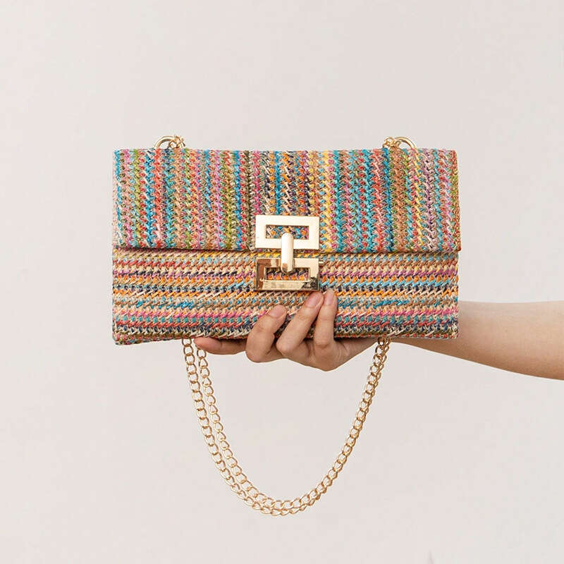 Handmade Beach Bag 2024 New Vacation Style Multi Compartment Chain Flip Lock Straw Woven Single Shoulder Women's Bag Kq2