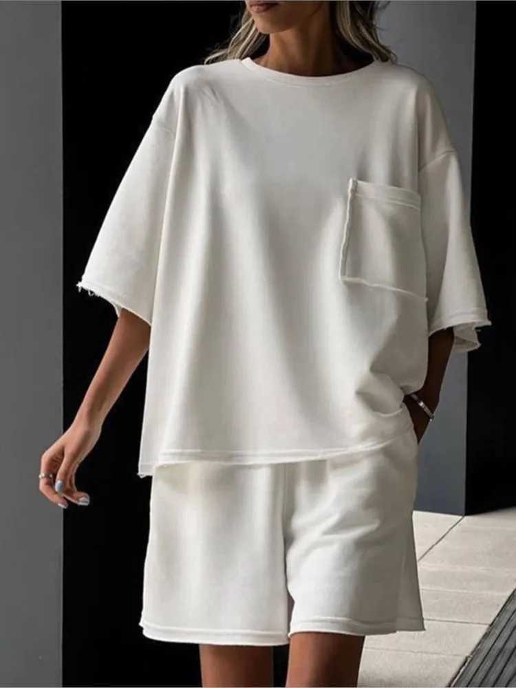 Casual and casual short sports two-piece set womens solid color loose half Sves T-shirt two-piece set womens streetwearXJ250414