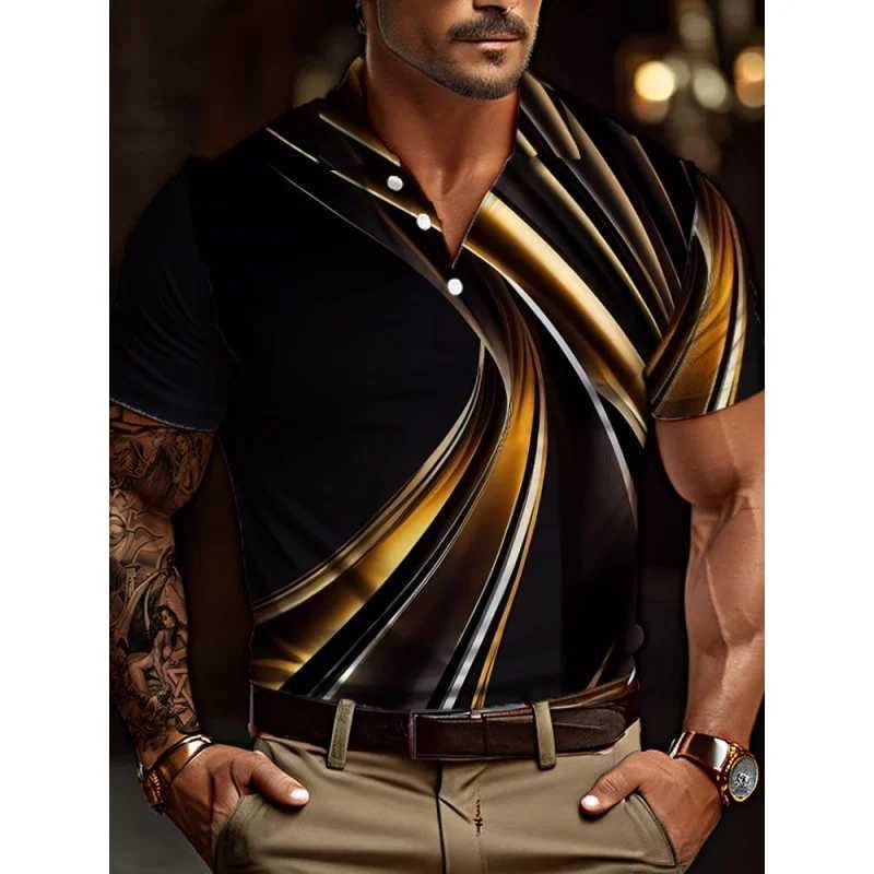 3D printed color geometric polo shirt mens luxury texture pattern T-shirt casual lapel top loose short sleeved street T-shirt W250414