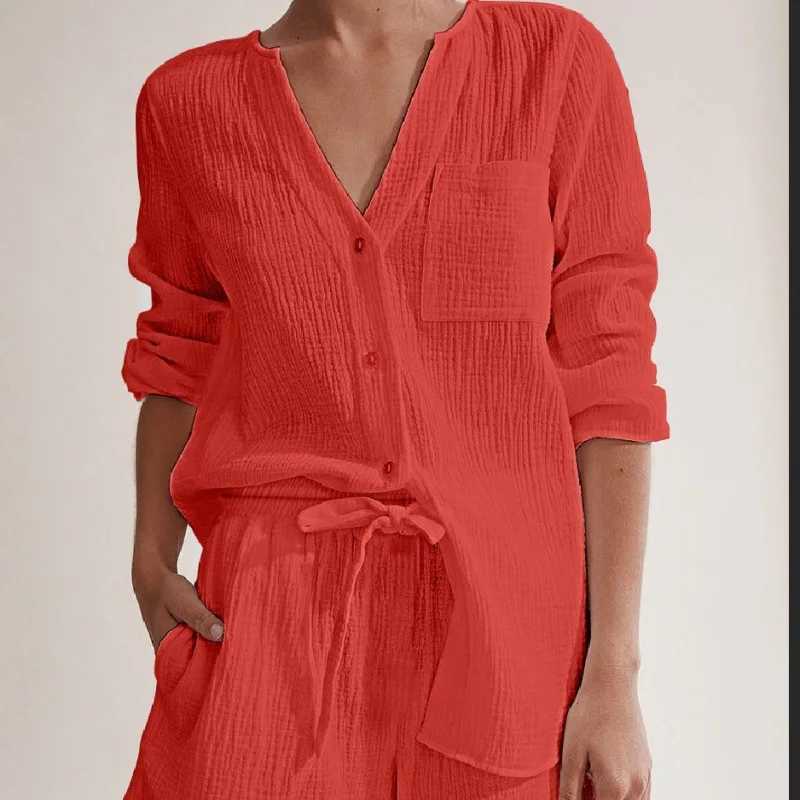 2024 New 100% Cotton Goz Womens 2-piece Button Long Sve Top+Shorts Set Ele SetXJ250414