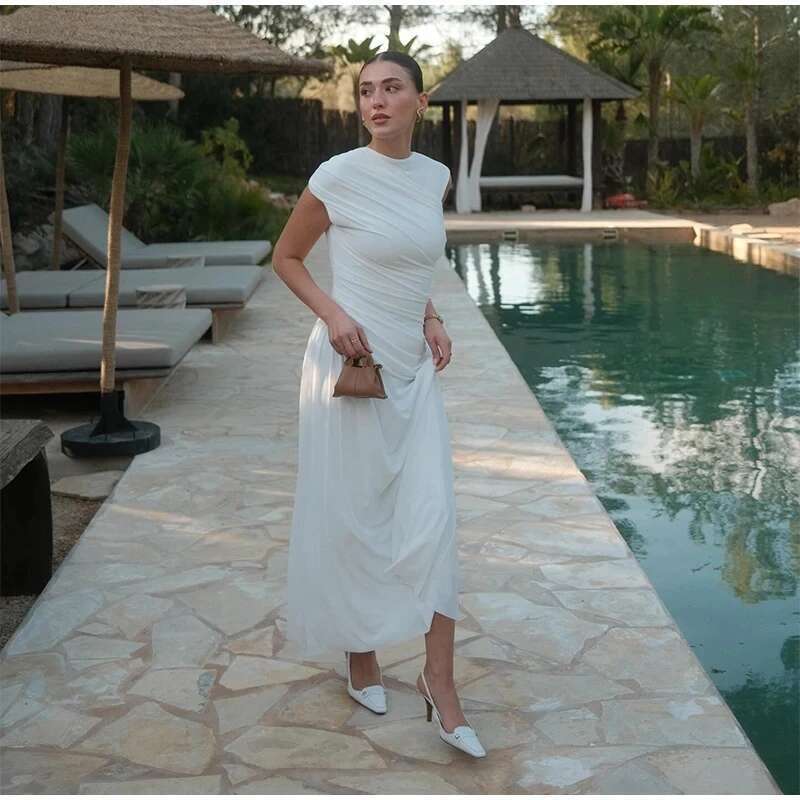 2024 Y2k Elegant White Women Asymmetry Maxi Dress Fashion O-Neck Sleeveless Pleated Bodycon Dresses Summer Lady Vacation Robes