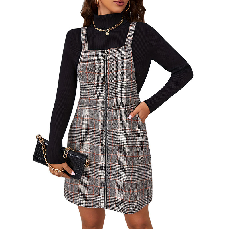 Womens 2025 Spring/Summer Dress Checkered Strap Skirt Zipper cardigan A-line Skirt