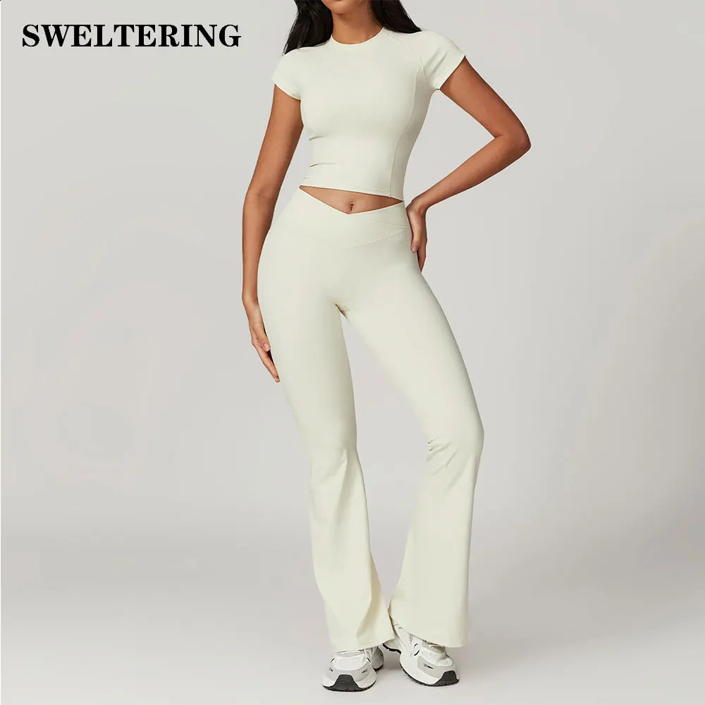 Womens 2PCS Gym Yoga Suit Tight Fitting Sports Set Workout Breathable T Shirts Bra Short Sleeve Crop Top Bell-bottoms Leggings 250410