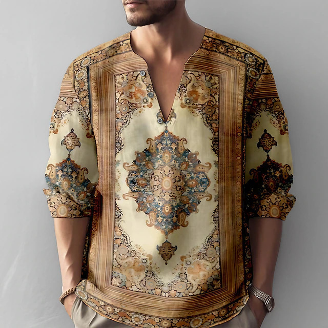 2025 Men's New Mid Sleeve Autumn Loose Ethnic Style Printed Casual T-shirt with Large V-neck