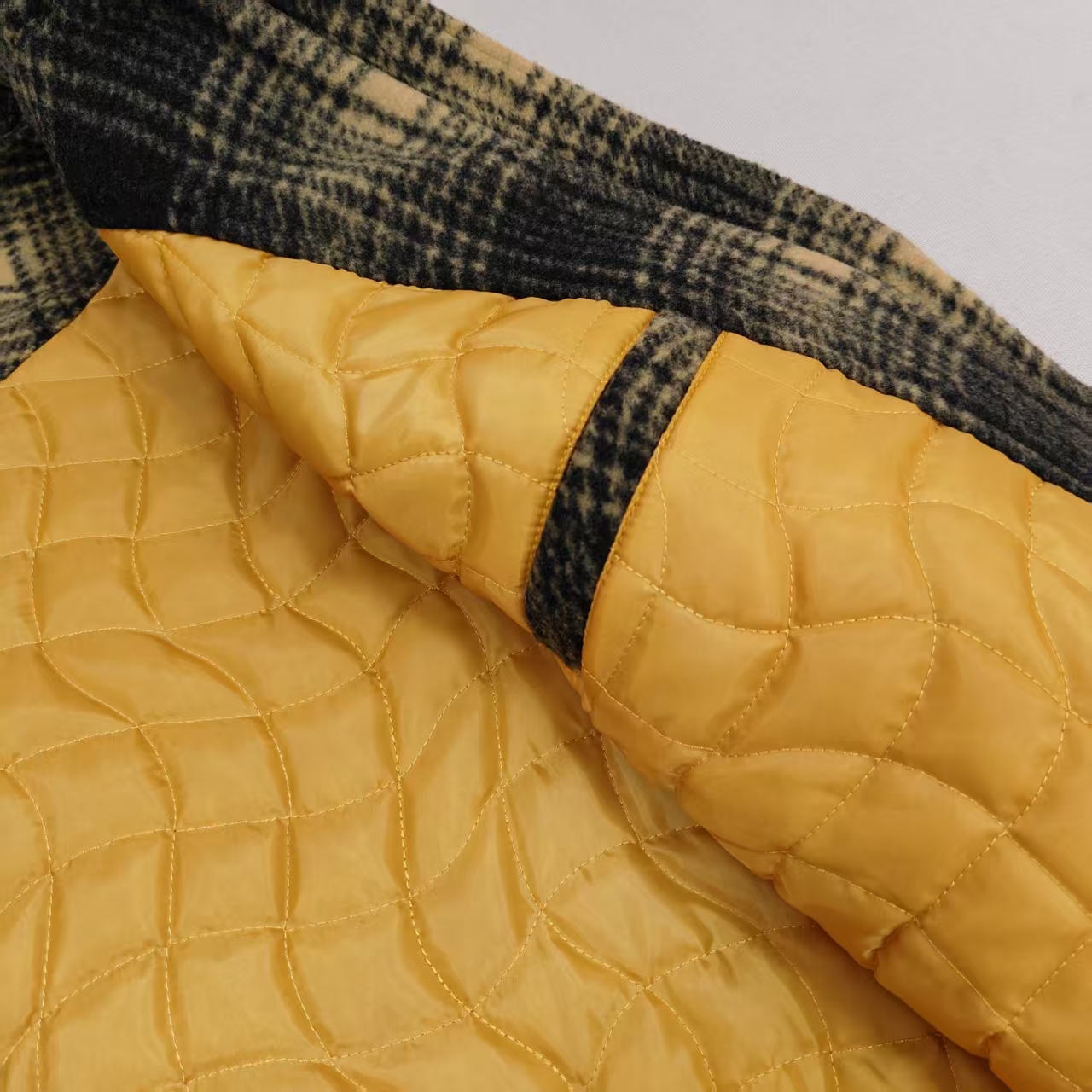 Men's Plaid Quilted Tweed Zip-up Jacket Black and Yellow Shirt style Lined Filled Loose Coat for Casual Streetwear