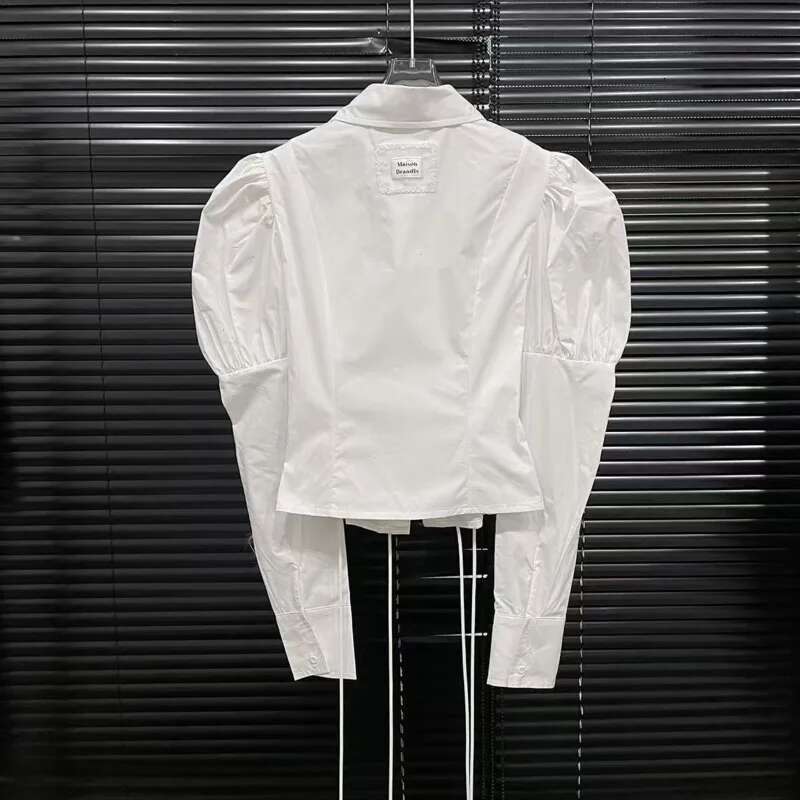 DEAT Fashion Women's Bandage Design Lantern Sleeves Blouse Solid Color Casual Lapel Short Shirts Female Trend New Items 11A02967