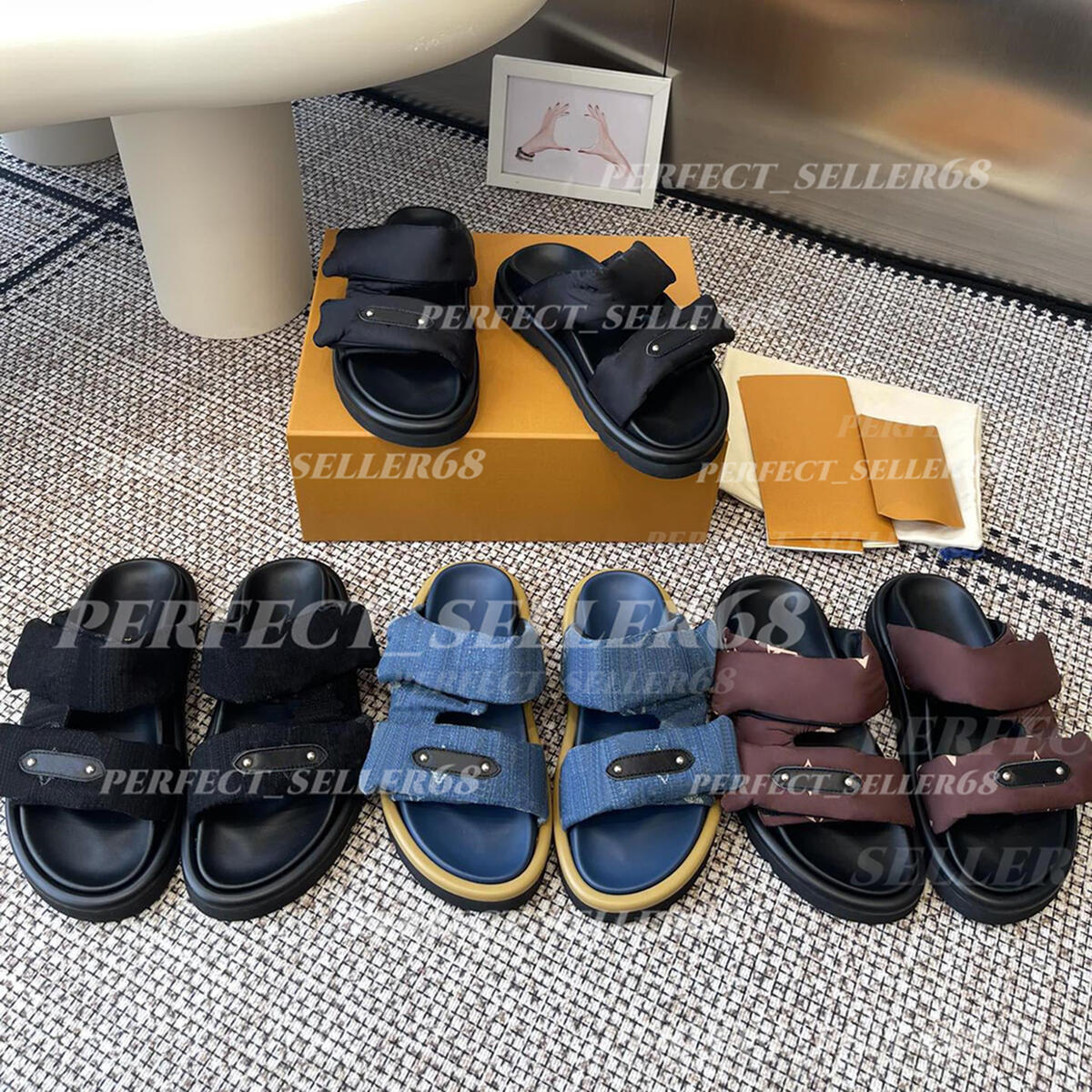 Womens Pool Pillow Comfort Monogram Flat Mule mens designer mule Cacao Brown nylon Signature label Leather lining wear style fashion pool pillow slides sandals 68