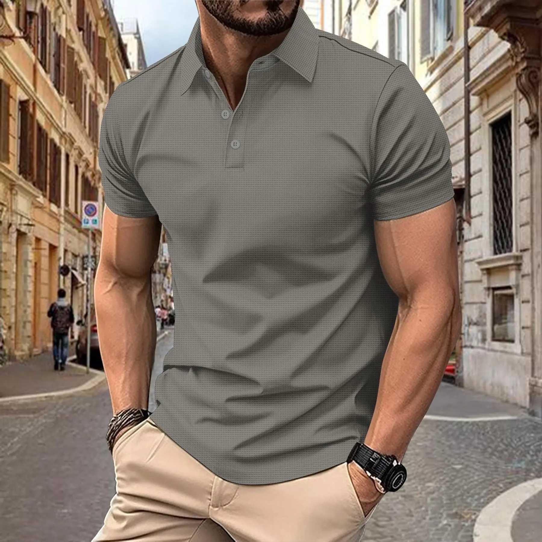 Mens T-shirt Classic Short Sleeve Polo Shirt Summer Top Casual T-shirt Buckle Neck Comfortable Casual Polo Shirt W250414