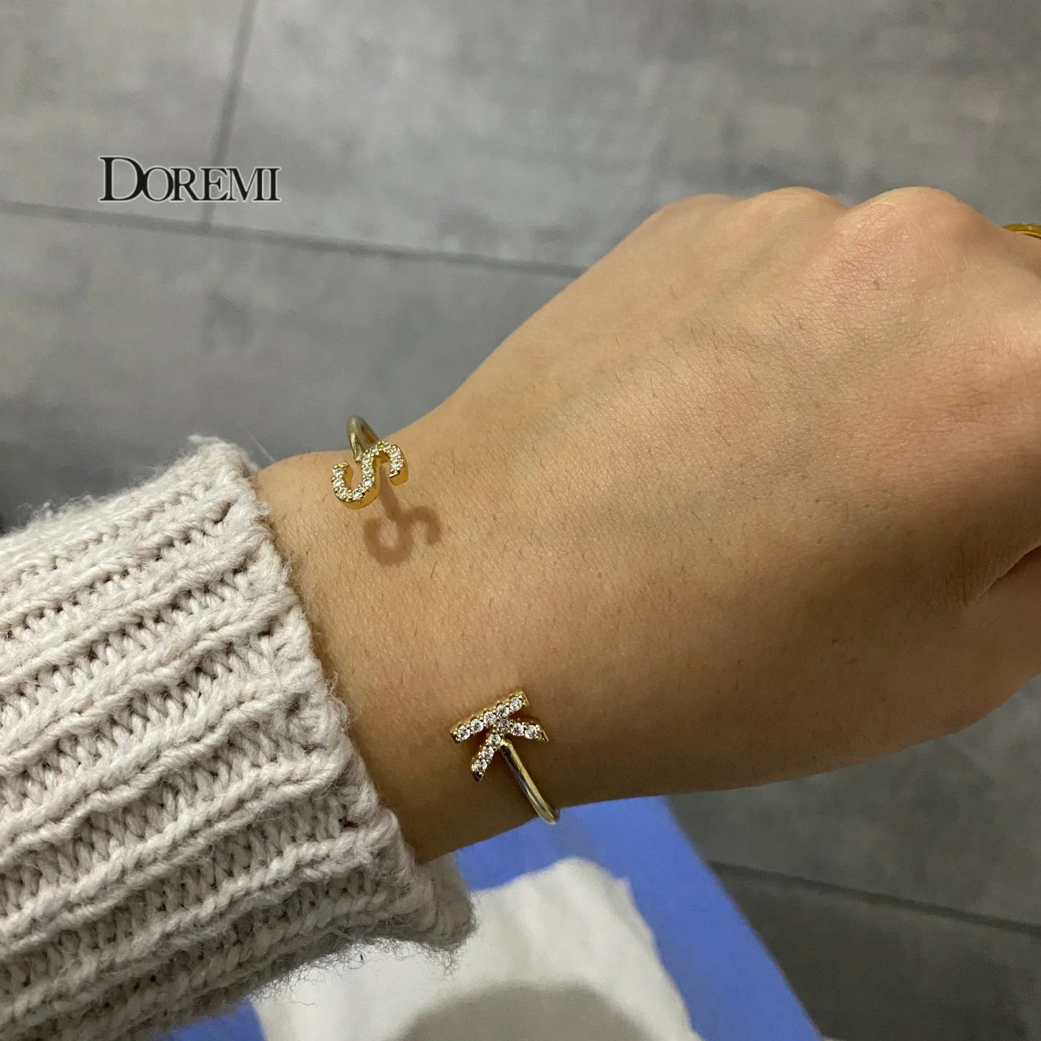 DOREMI Custom Letter Bracelet Baby bangle Zirconia Pave Setting Initial bracelet Child Adult size for Unique Cuff Jewelry 250408