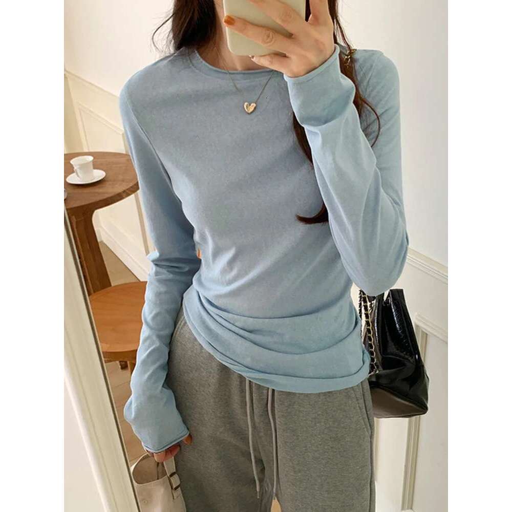 Spring Autumn T shirt Women Tops Solid Long Sleeve Ruched O Neck Tshirts Female Korean Casual Streetwear High Quality Base Tees