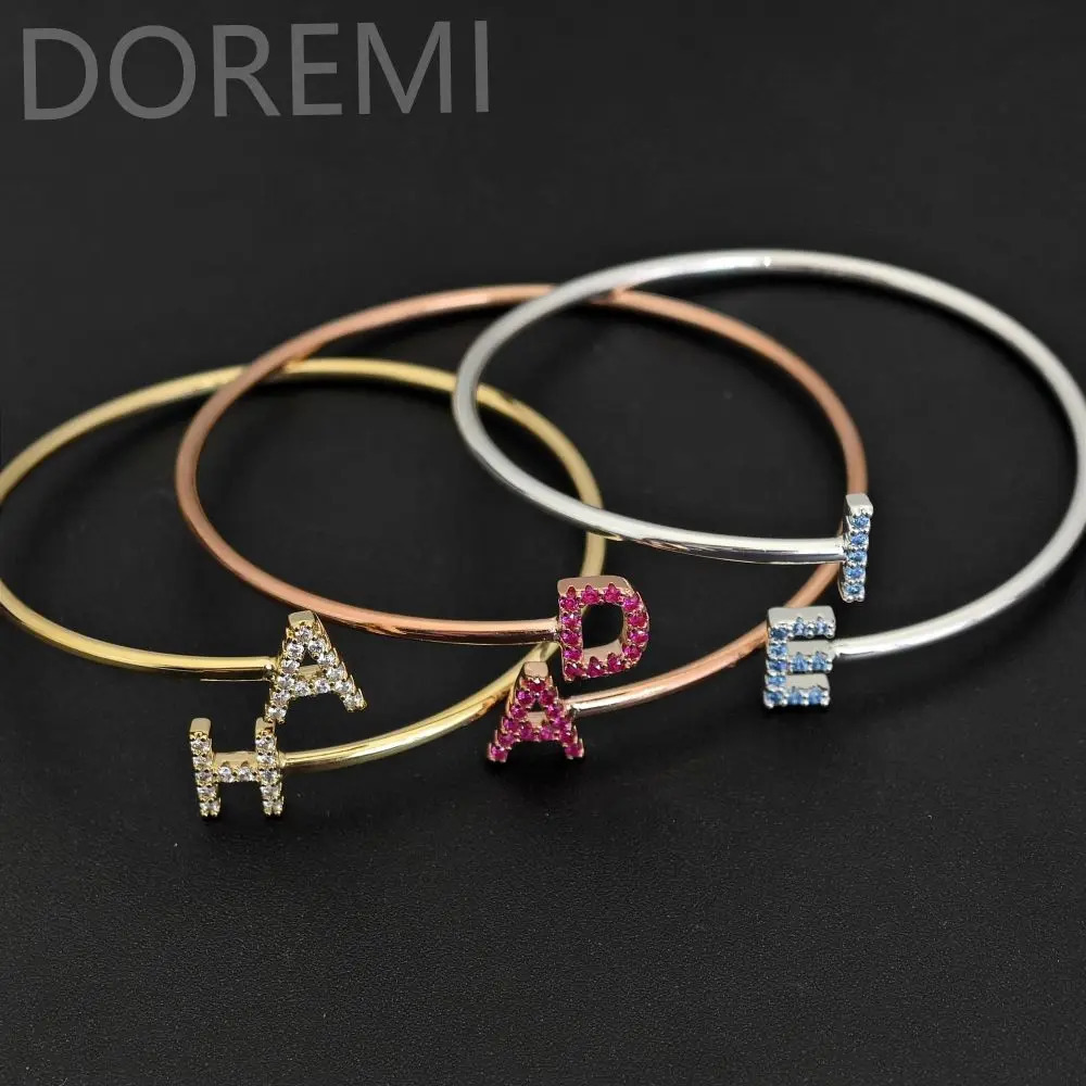 DOREMI Women Coloful Zircon Initial Letter Spiral Staggered Bangle Custom Letters Charm Heart Star Moon Symbol Gift Bracelet 250408