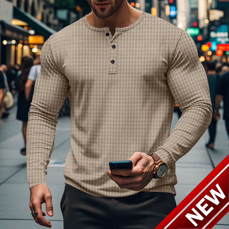 Autumn and winter temu small grid casual sports breathable mens long sleeved T-shirt mens casual Henry shirt