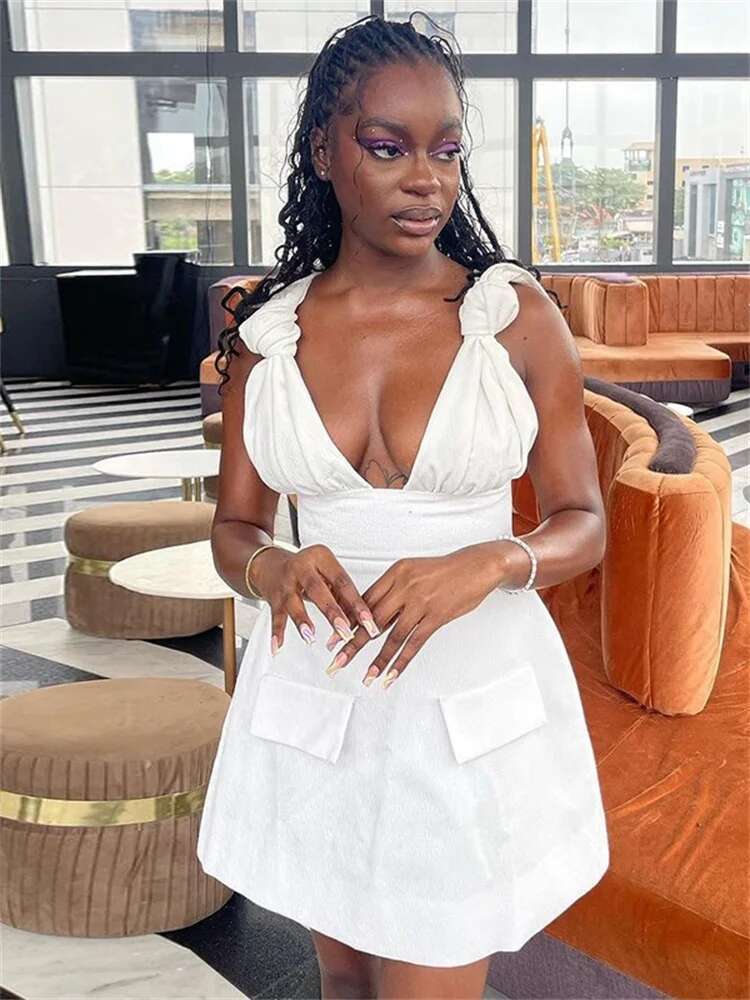 Wmstar For Sexy V Neck Elegant Solid Sleeveless New Summer Fashion Mini Dresses Women Wholesale Dropshipping 2024