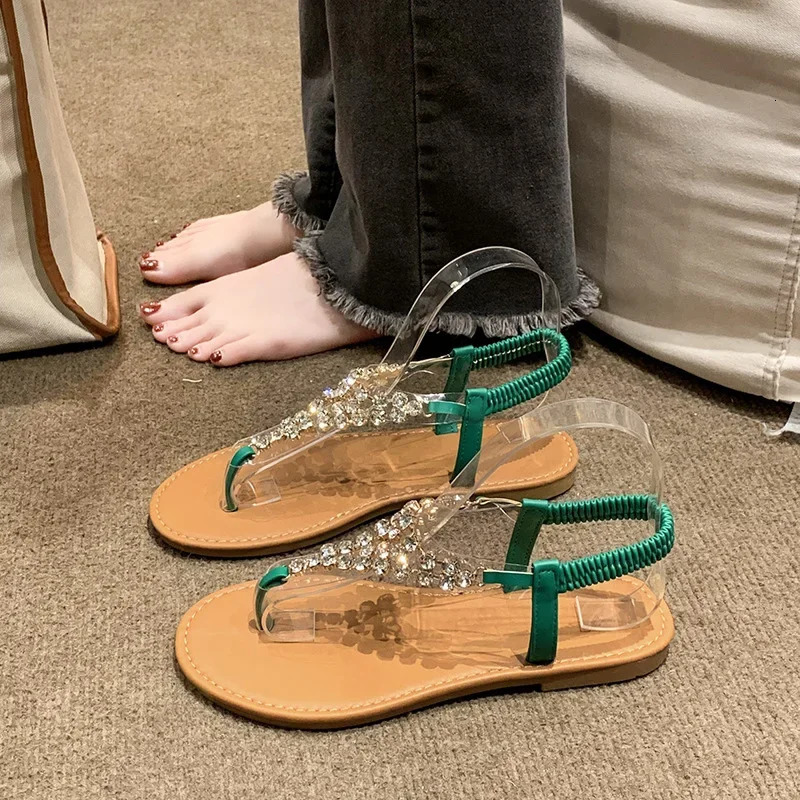 Summer Womens Sandals Fashion Outer Beach Shoes Womens Pearl Diamond Strap Flat Sandals Size 42 250411