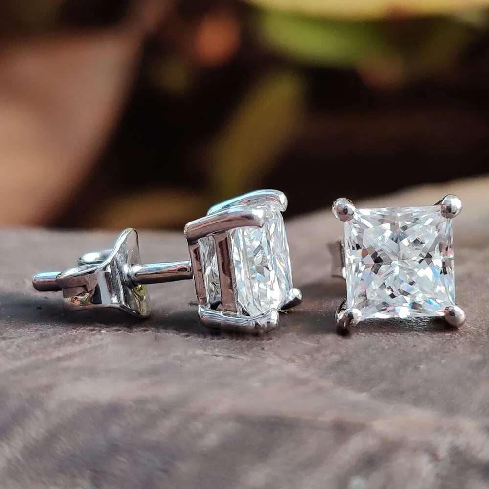 2Carat Princess Cut Moissanite Earrings with Gra Certificates 925 Sterling Silve Square Lab Diamond Stud Earring for Women Men