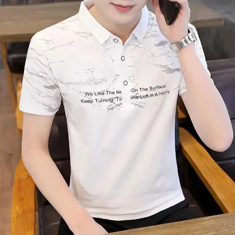 Fashion collar button printed letter short sleeved polo shirt for mens 2024 summer new loose Korean top casual T-shirt W250414
